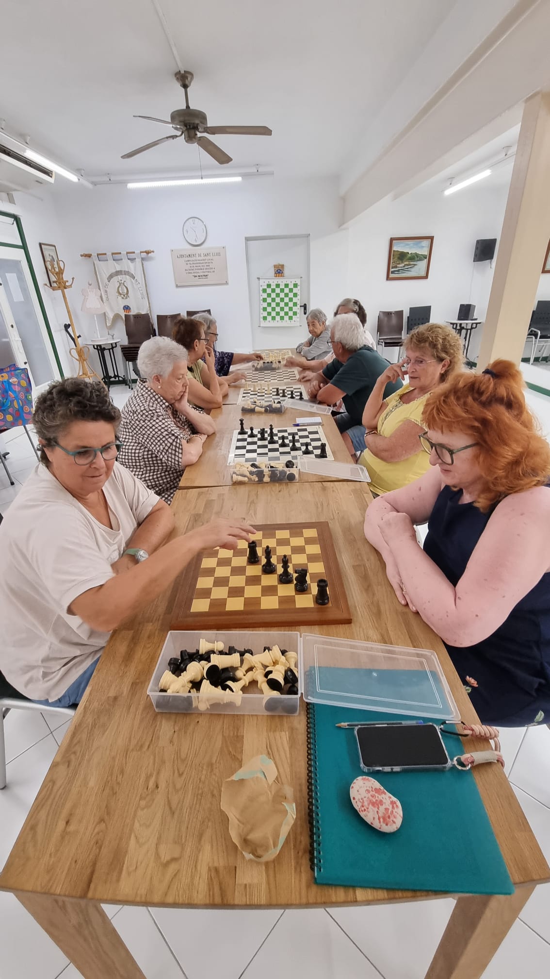 Participantes adultos trabajando con el tablero durante un taller de ajedrez de Olimpia en Sant Lluís